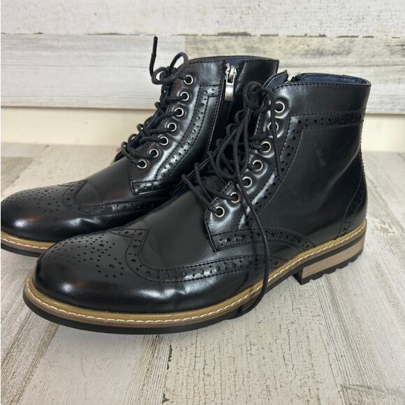 Bruno Marc men's size 6.5 Black Wingtip lace up Leather ankle Motorcycle Boots - Picture 1 of 10